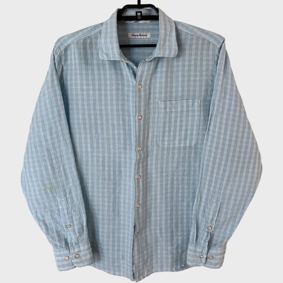 Tommy Bahama Sand Linen Plaid Shirt Blue Men's Size Large Button-Up Long-Sleeve - Picture 1 of 13